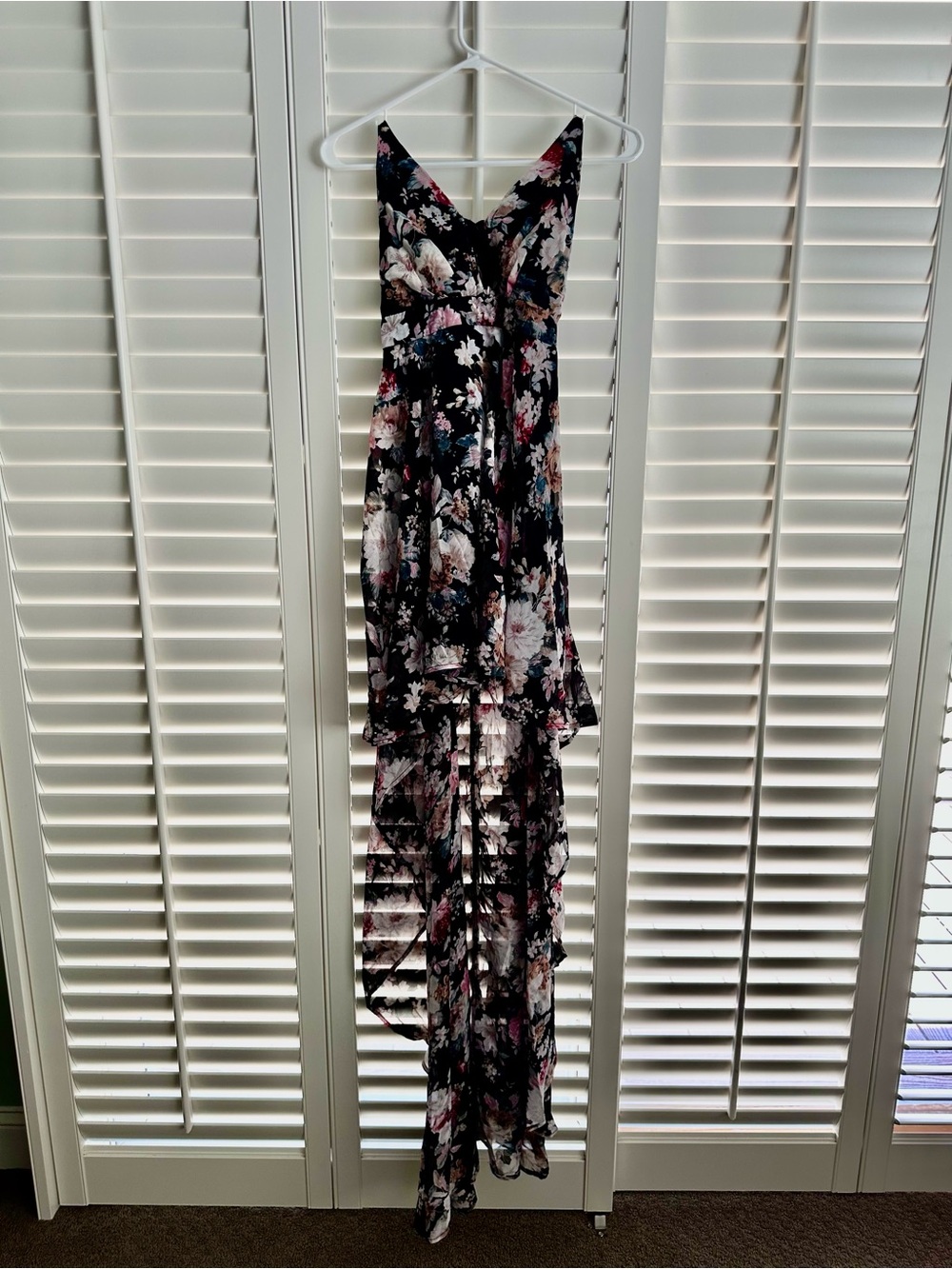 Windsor Black Floral High-Low Maxi Dress with Pink and Cream Blooms